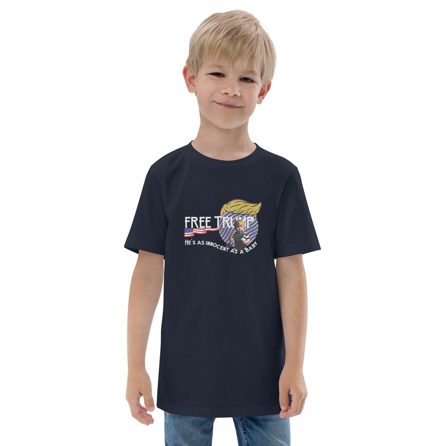 Youth jersey t-shirt  "FREE TRUMP: HE'S AS INNOCENT AS A BABY"